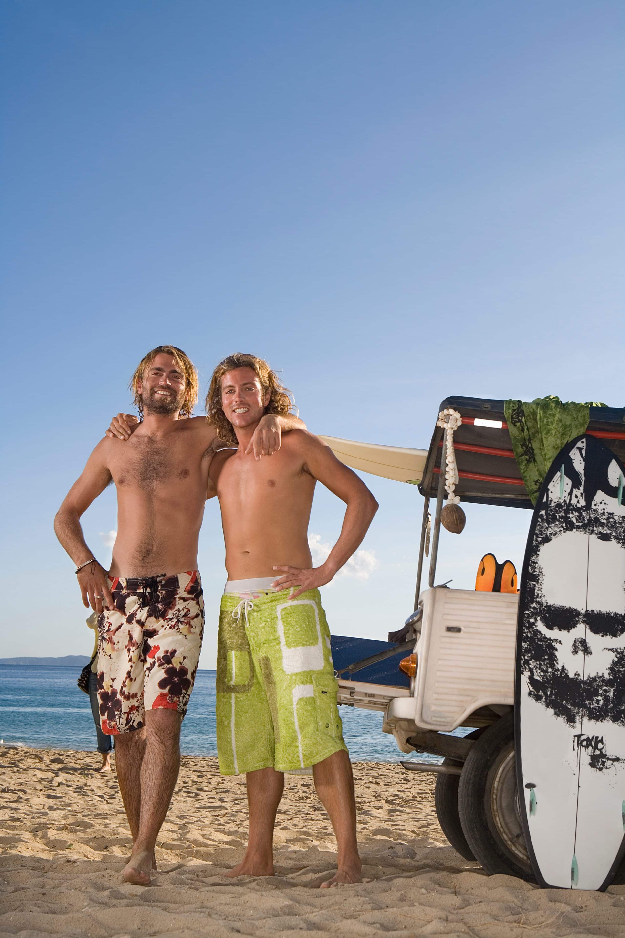 surf men portrait by jeep