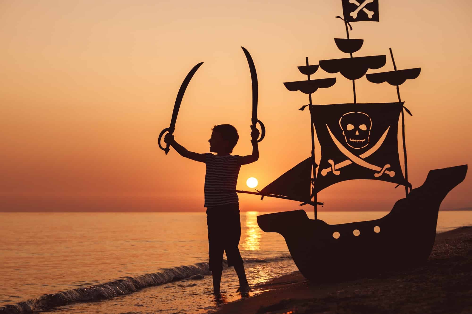 One happy little boy playing on the beach at the sunset time.